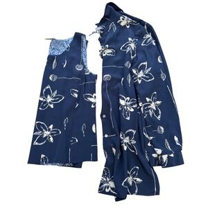Liz Claiborne Collection 100% Silk 2pc Set Navy Floral Shirt & Tank Size 8